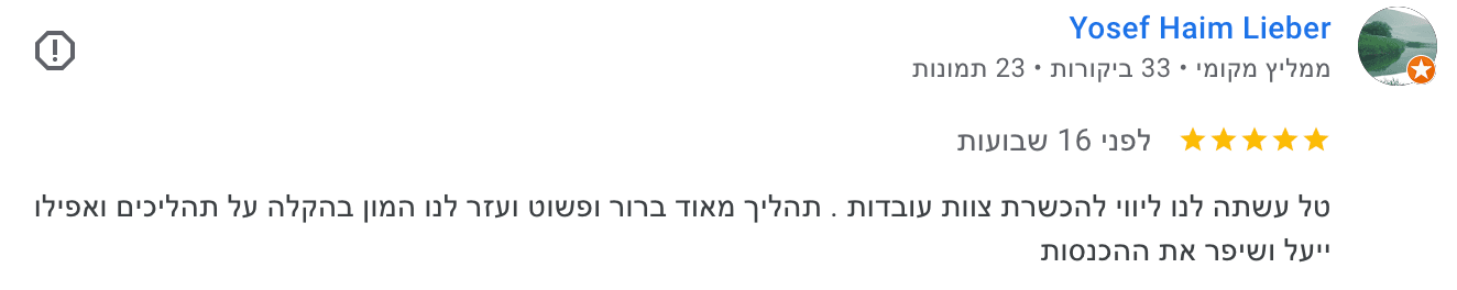 ביקורת גוגל מאת Yosef Haim Lieber — הכשרת צוות עובדות ושיפור הכנסות